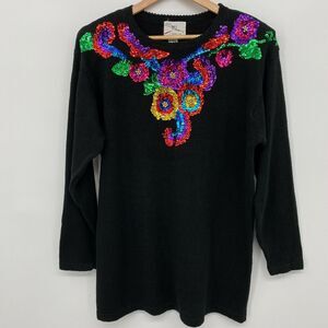 Vintage Sweater Jumper Size Medium 1992 Sequins Pullover Shoulder Pads SML Sport